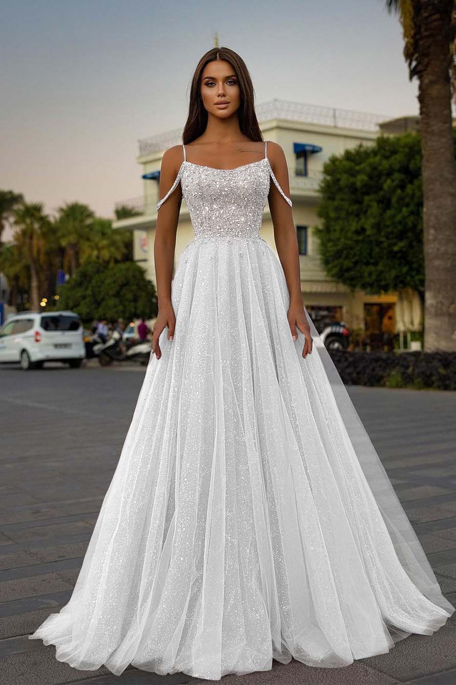 Tulle Spaghetti Strap Sleeveless A Line Long Evening Formal Dress With Sequined Beads