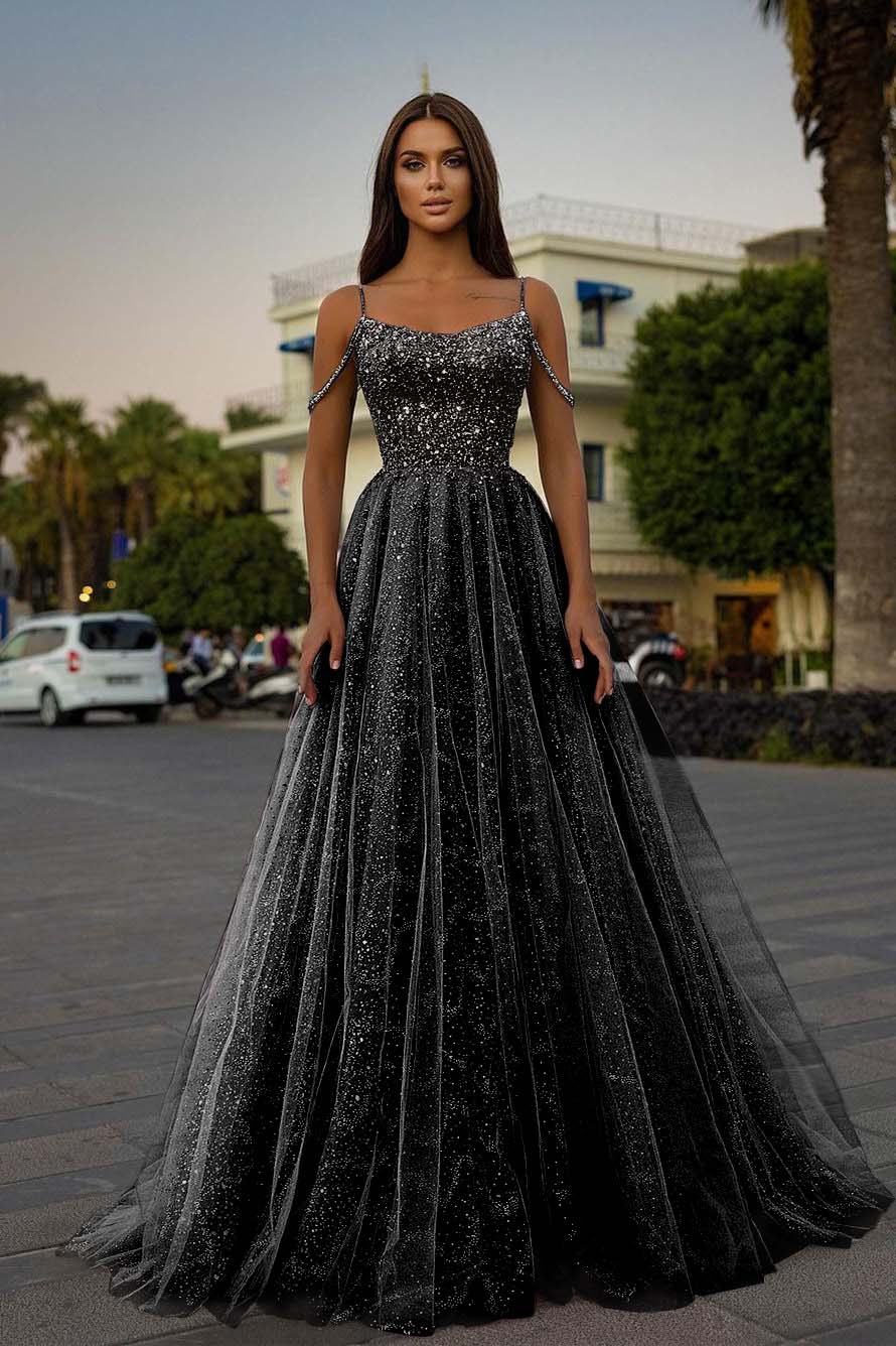 Tulle Spaghetti Strap Sleeveless A Line Long Evening Formal Dress With Sequined Beads