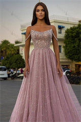 Tulle Spaghetti Strap Sleeveless A Line Long Evening Formal Dress With Sequined Beads
