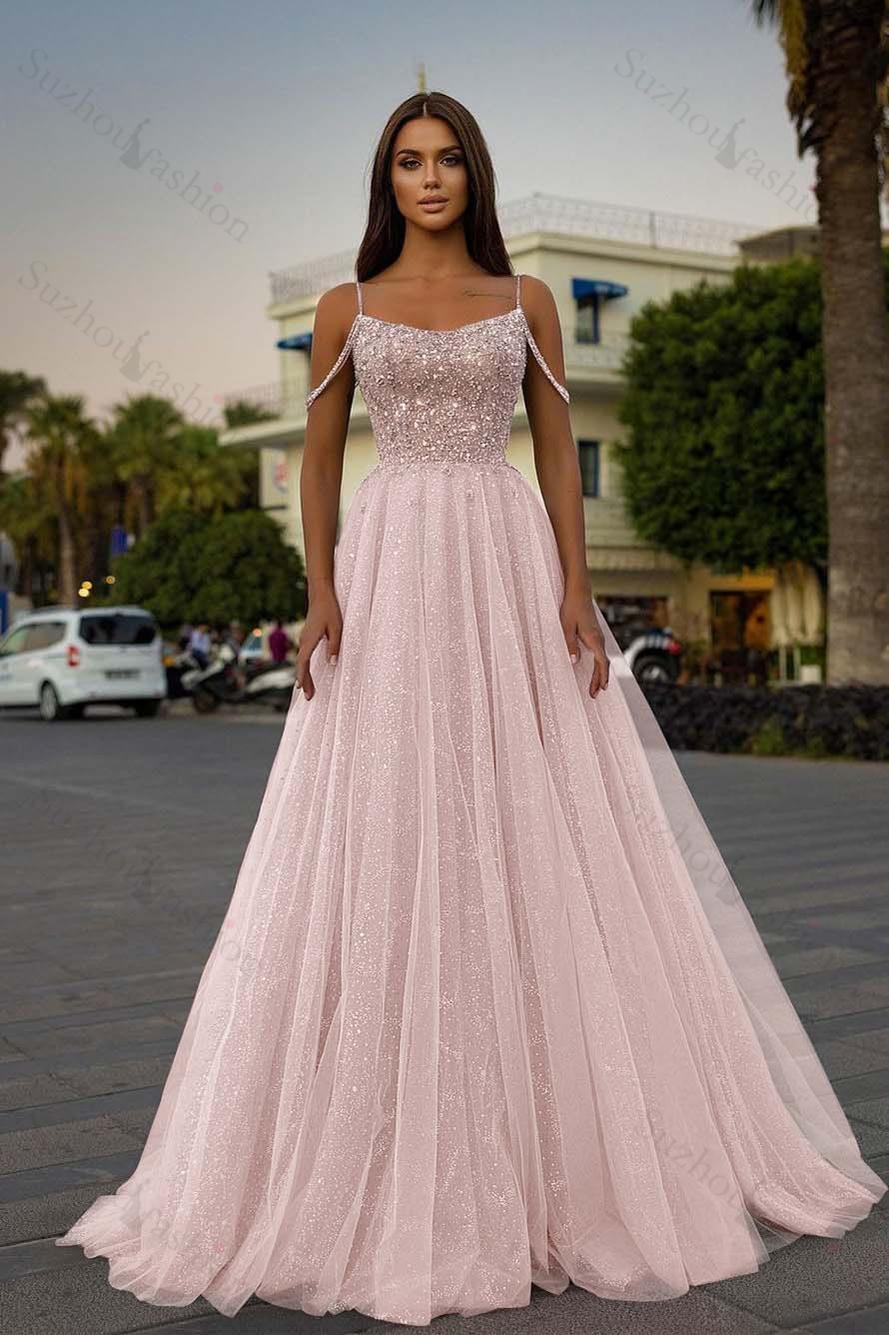 Tulle Spaghetti Strap Sleeveless A Line Long Evening Formal Dress With Sequined Beads