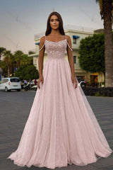 Tulle Spaghetti Strap Sleeveless A Line Long Evening Formal Dress With Sequined Beads