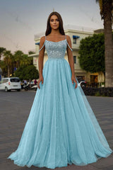 Tulle Spaghetti Strap Sleeveless A Line Long Evening Formal Dress With Sequined Beads