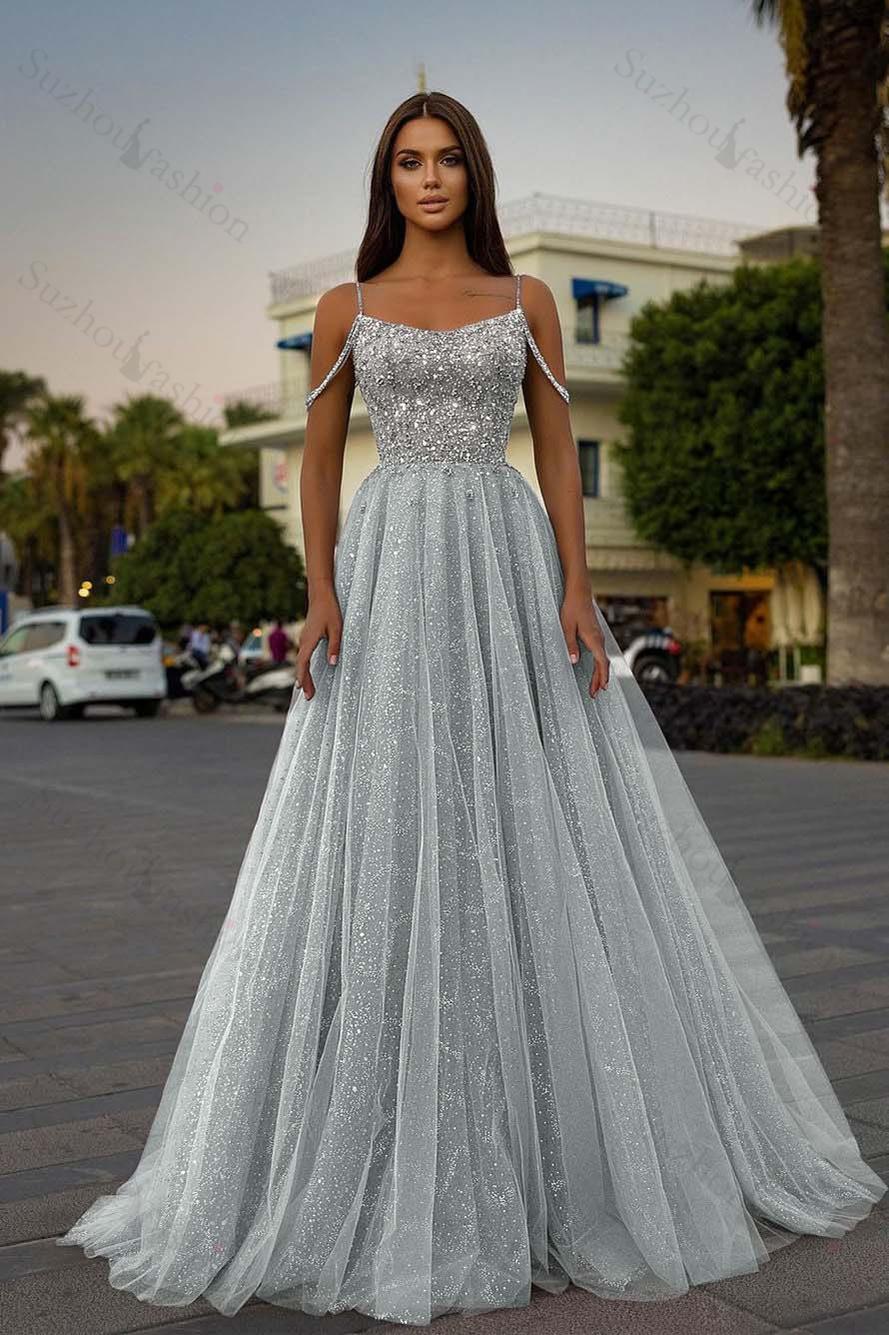 Tulle Spaghetti Strap Sleeveless A Line Long Evening Formal Dress With Sequined Beads