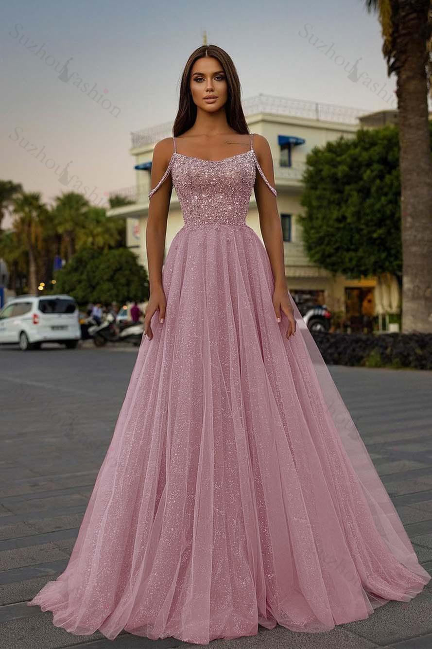 Tulle Spaghetti Strap Sleeveless A Line Long Evening Formal Dress With Sequined Beads