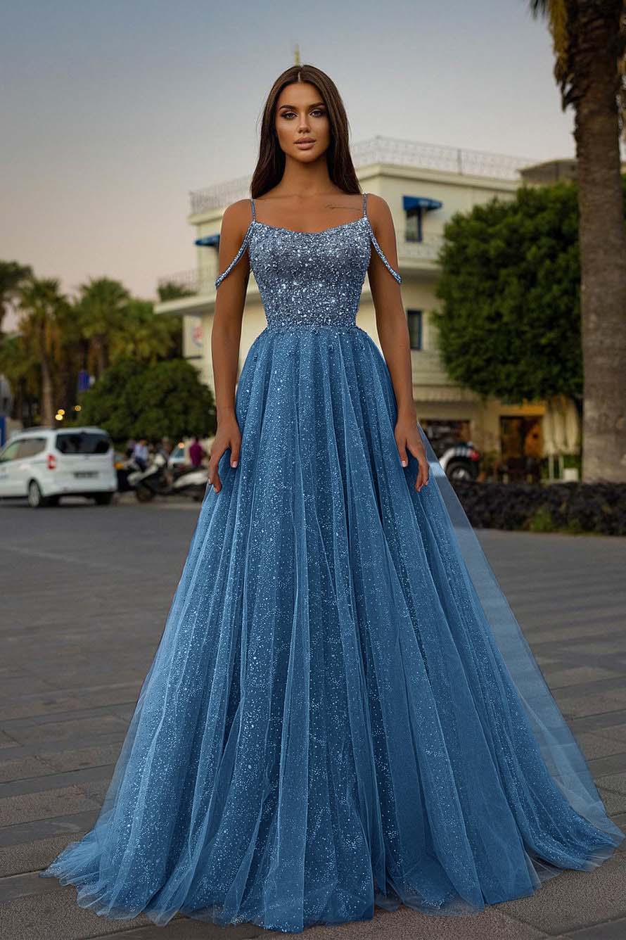 Tulle Spaghetti Strap Sleeveless A Line Long Evening Formal Dress With Sequined Beads