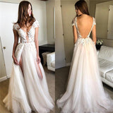 Tulle Splits Lace Appliques Backless Prom Dresses | Cap Sleeves Sexy Evening Gowns