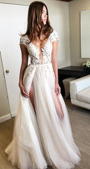 Tulle Splits Lace Appliques Backless Prom Dresses | Cap Sleeves Sexy Evening Gowns