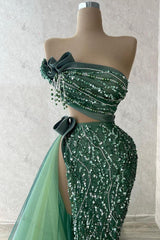 Tulle Strapless Sleeveless High Split Long Evening Formal Dress With Beading