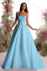 Tulle Strapless Sleeveless Long A Line Evening Formal Dress With Appliques