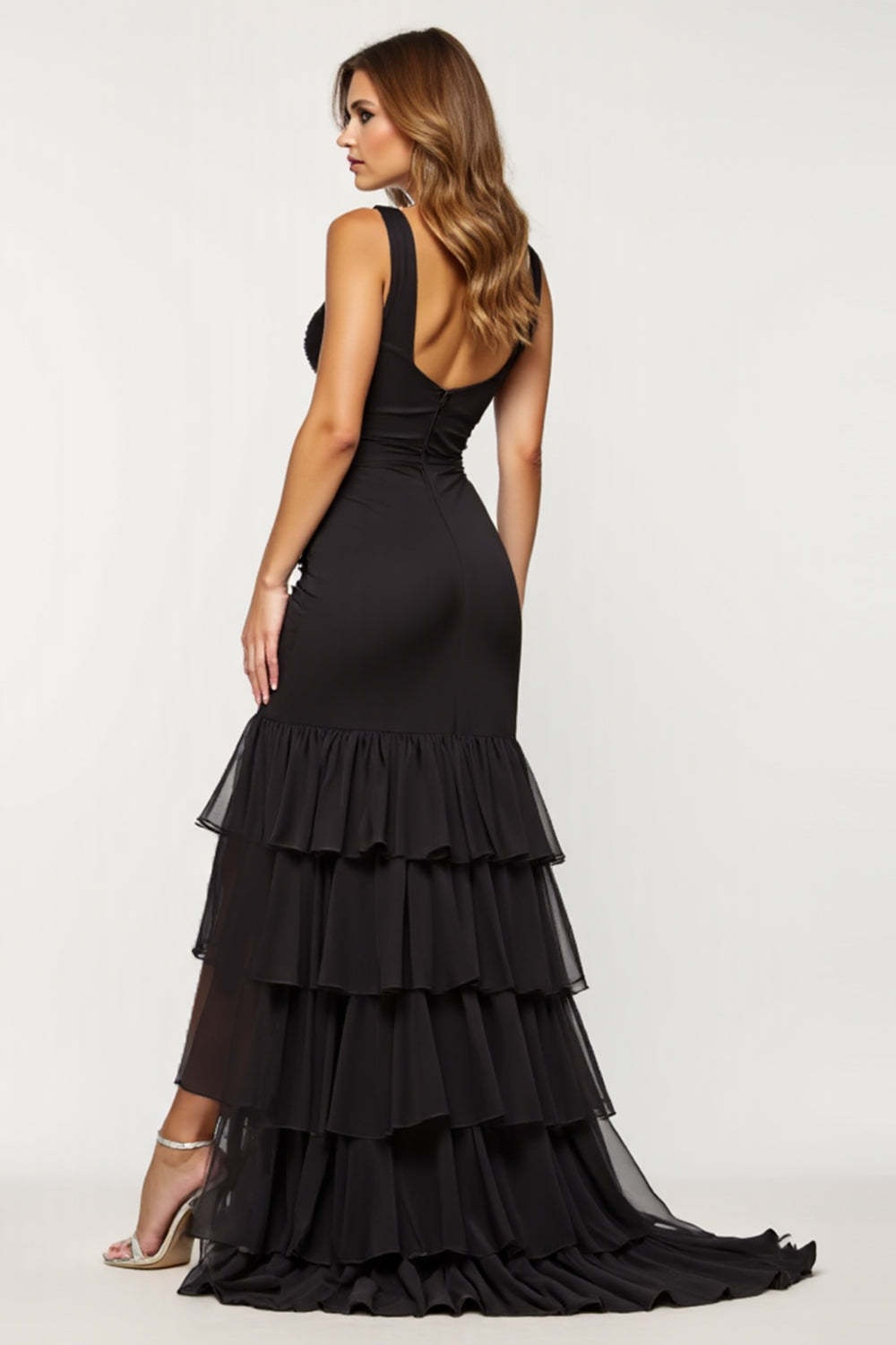 Tulle Tiered Black Wedding Guest Dress Sheath V-Neck Long Prom Dress