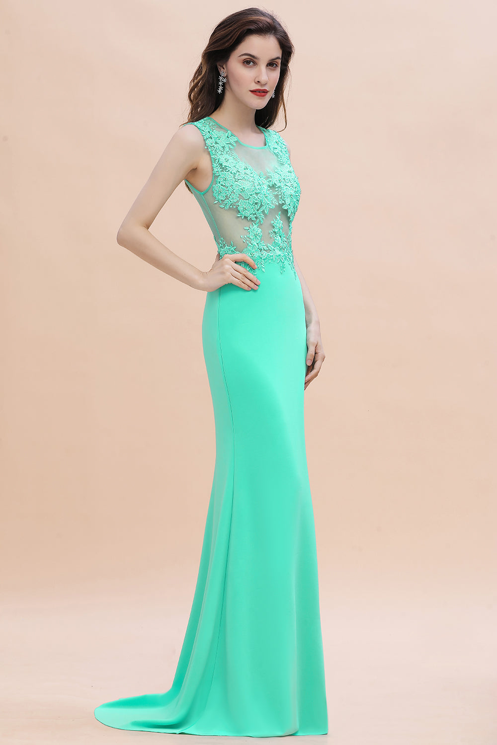 Turquoise Crew neck Cap sleeve Lace appliques Curves/Mermaid Floor Length Dress