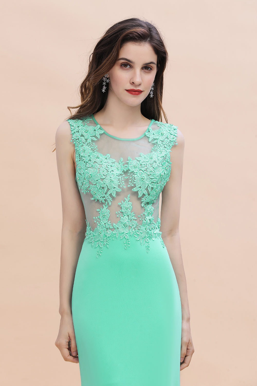Turquoise Crew neck Cap sleeve Lace appliques Curves/Mermaid Floor Length Dress