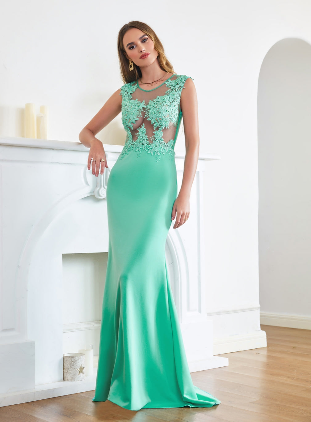 Turquoise Crew neck Cap sleeve Lace appliques Curves/Mermaid Floor Length Dress