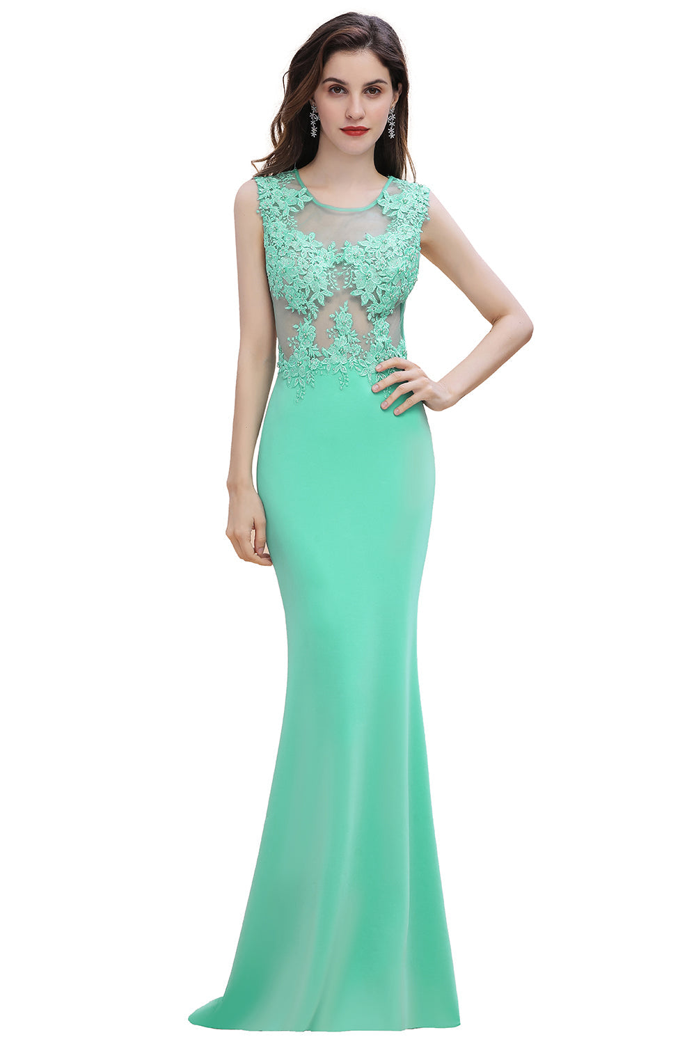 Turquoise Crew neck Cap sleeve Lace appliques Curves/Mermaid Floor Length Dress