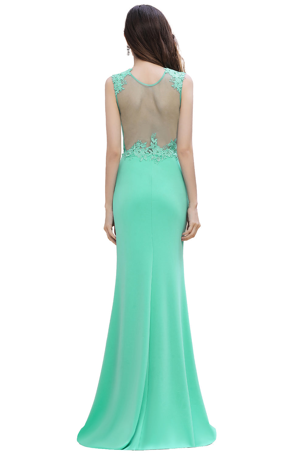 Turquoise Crew neck Cap sleeve Lace appliques Curves/Mermaid Floor Length Dress