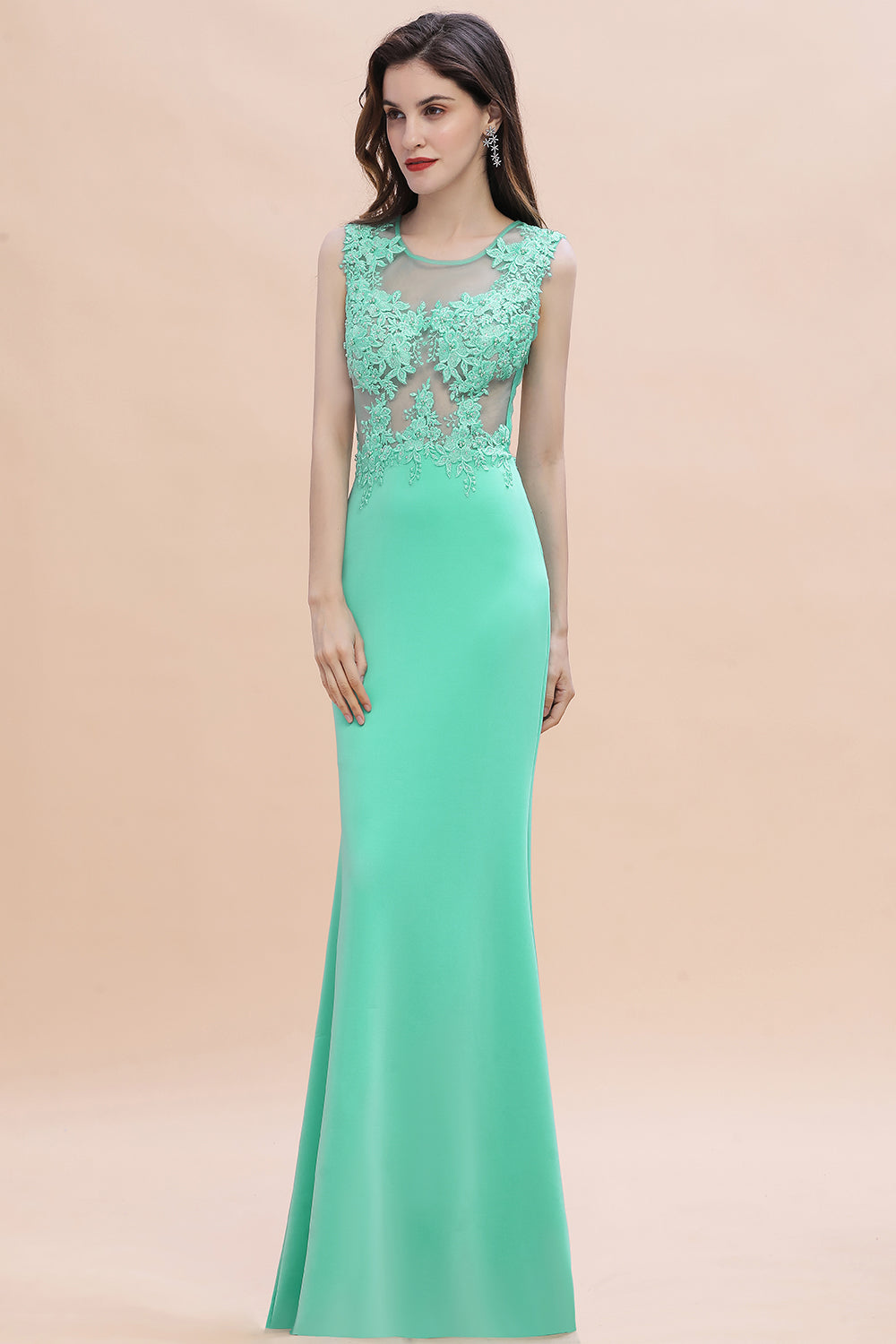 Turquoise Crew neck Cap sleeve Lace appliques Curves/Mermaid Floor Length Dress