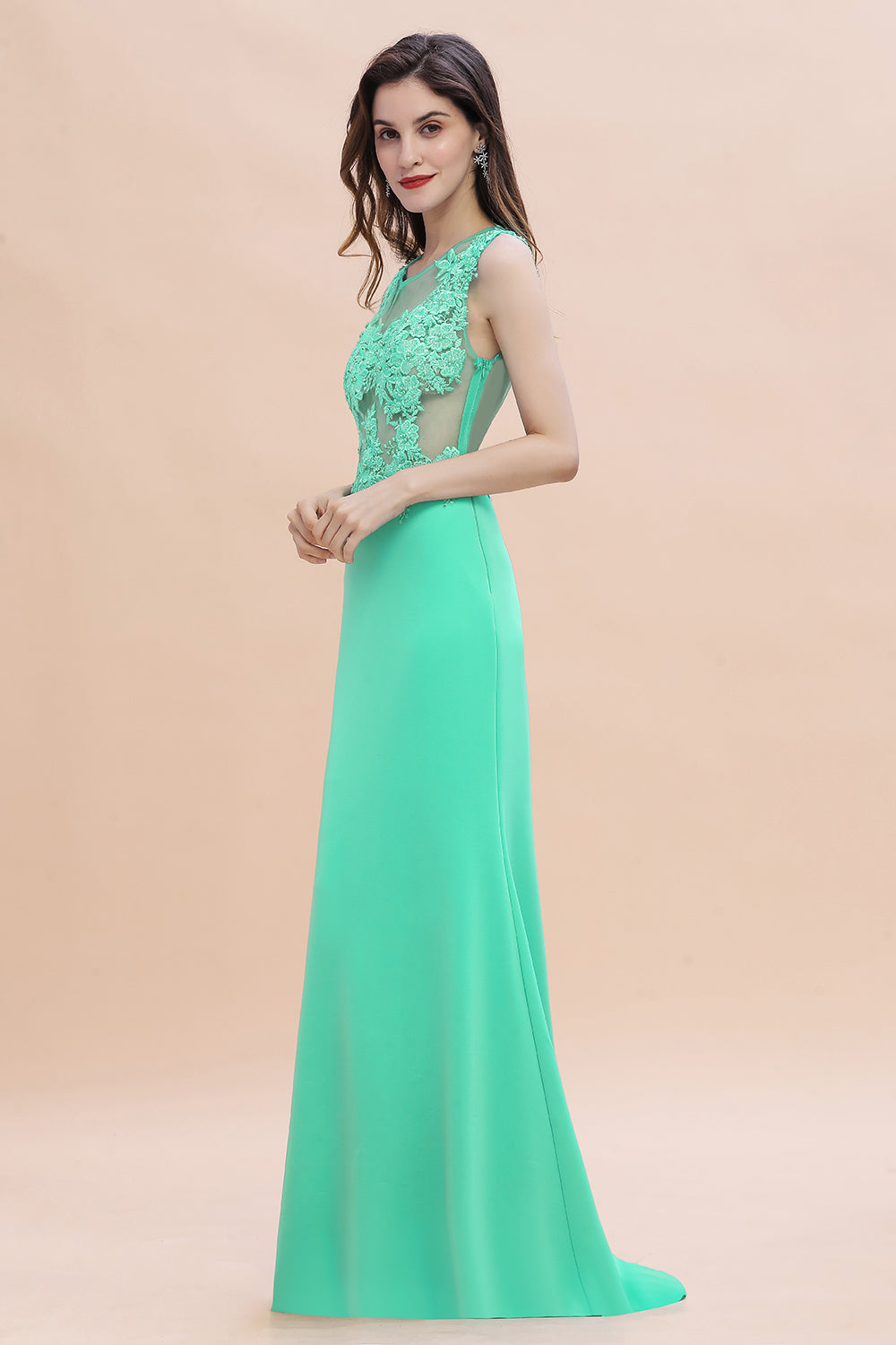 Turquoise Crew neck Cap sleeve Lace appliques Curves/Mermaid Floor Length Dress