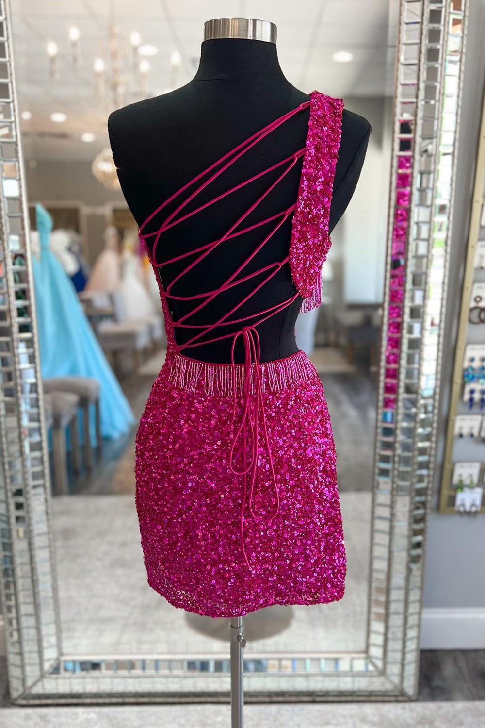 Turquoise Homecoming Dresses Sequin Fringed Cut Out Tight Short Cocktail Dresses
