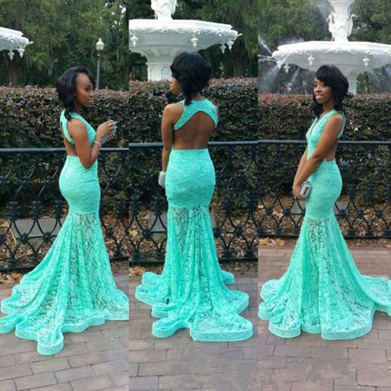 Turquoise Lace Dress for Prom Sexy Open Back Memraid Evening Dresses