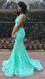 Turquoise Lace Dress for Prom Sexy Open Back Memraid Evening Dresses