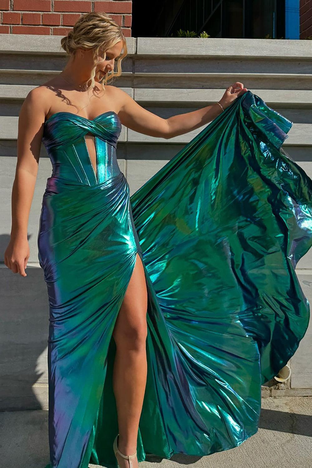 metallic green formal dress Metallic Green Halter Pleated A-line Prom Dress with Slit – Tailordea main image 1