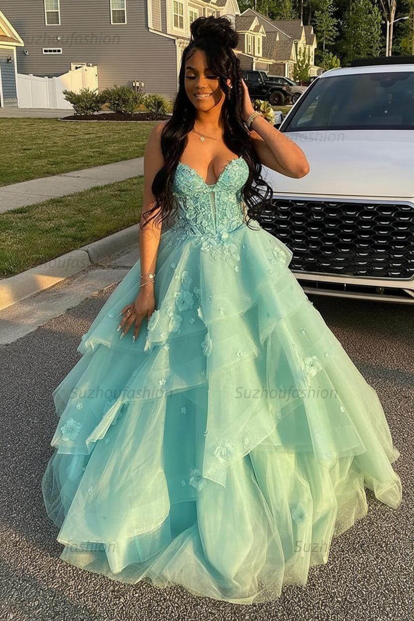 Suzhoufashion Sage Prom Dress Floral Tiered Ruffles A-Line Sweetheart Corset Long Formal Dress, Turquoise