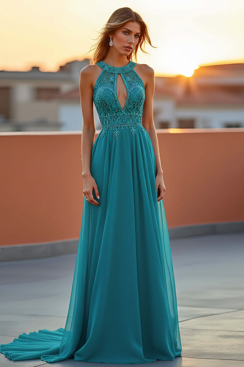 Beaded Navy Wedding Guest Dress Halter Long Formal Dress With Embroideries