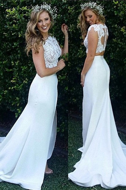 Two Piece Lace Wedding Dress Front Split Buttons Summer Outdoor Wedding Gowns