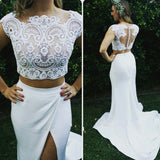 Two Piece Lace Wedding Dress Front Split Buttons Summer Outdoor Wedding Gowns