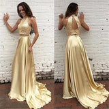 Two Piece Prom Dresses Champagne Gold Sequins Long Evening Gowns