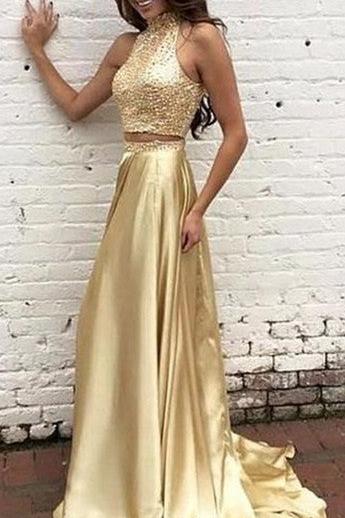 Two Piece Prom Dresses Champagne Gold Sequins Long Evening Gowns