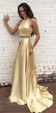 Two Piece Prom Dresses Champagne Gold Sequins Long Evening Gowns