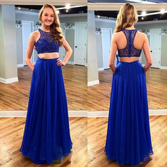 Two Piece Royal Blue Beading Evening Dresses Sleeveless Prom Dress with Pocket