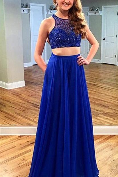 Two Piece Royal Blue Beading Evening Dresses Sleeveless Prom Dress with Pocket