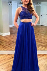 Two Piece Royal Blue Beading Evening Dresses Sleeveless Prom Dress with Pocket