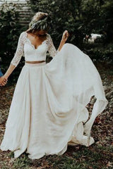 A-Line Beach Wedding Dress V-neck Tulle 3/4 Length Sleeve Bridal Gowns See-Through Illusion Detail with Sweep Train