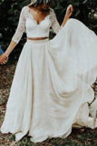 Two Piece Tulle Appliques Wedding Dress 3/4 Sleeves Bridal Gowns with Train