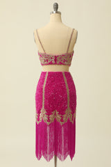 Two Pieces Fuchsia Homecoming Dresses Prom Dress With Fringes