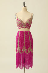 Two Pieces Fuchsia Homecoming Dresses Prom Dress With Fringes