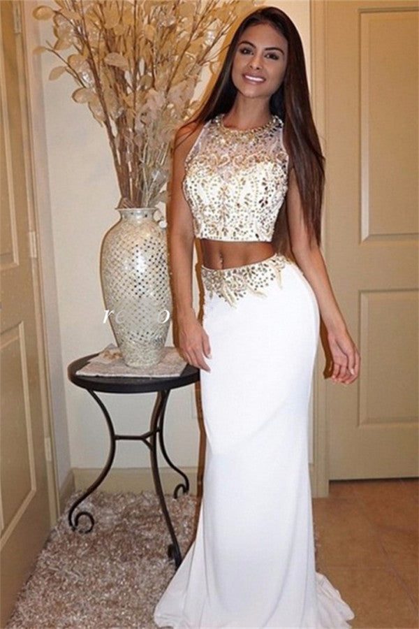 Two Pieces Prom Dresses Sleeveless Beading Sequins Long Evening Dress
