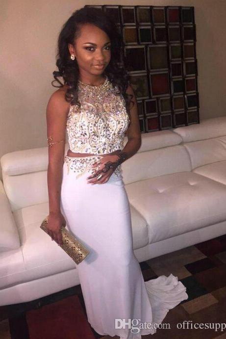 Two Pieces Prom Dresses Sleeveless Beading Sequins Long Evening Dress
