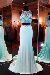 Two Pieces Sexy Mermaid Long Formal Occasion Dresses Sweep Train Beading Evening Dress CE0109