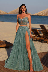 Two Pieces Strapless Sleeveless Long Split Evening Formal Dress With Beadings