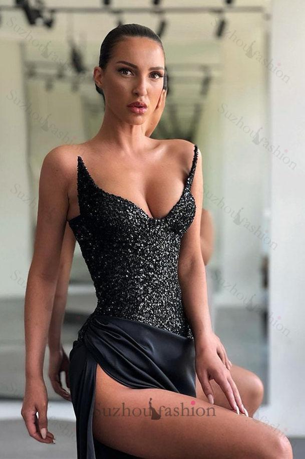 Unique Black special Strapless High-split Lace-up Sequined Evening Prom Dresses