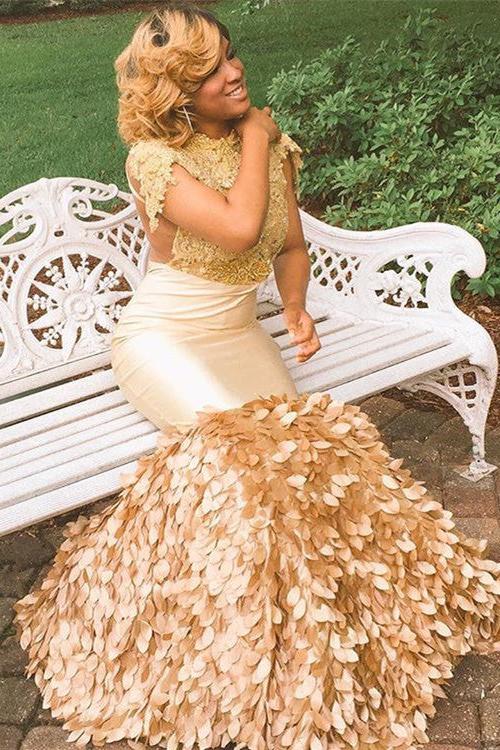 Unique Cap-Sleeves Mermaid Crew Prom Dresses | Appliques Sweep Train Evening Gown On Sale