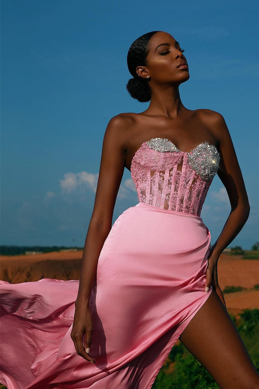 Unique Pink Strapless Sweetheart Sheath Sequins Prom Dresses with Slit
