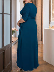 Unique Plus Size V Neck A Line Mother of the Bride Dress with Asymmetrical Ruffles and Half Sleeves