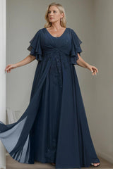 Unique Plus Size V Neck A Line Long Mother of the Bride Dress with Sequins and Half Sleeve Ruffles