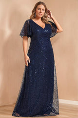Unique Plus Size V Neck A Line Long Mother of the Bride Dress with Sequins and Short Sleeves