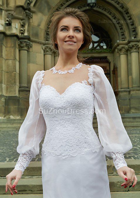 Unique Puffed Sleeves Lace Wedding Dresses Chiffon Sheer Back Bridal Dresses